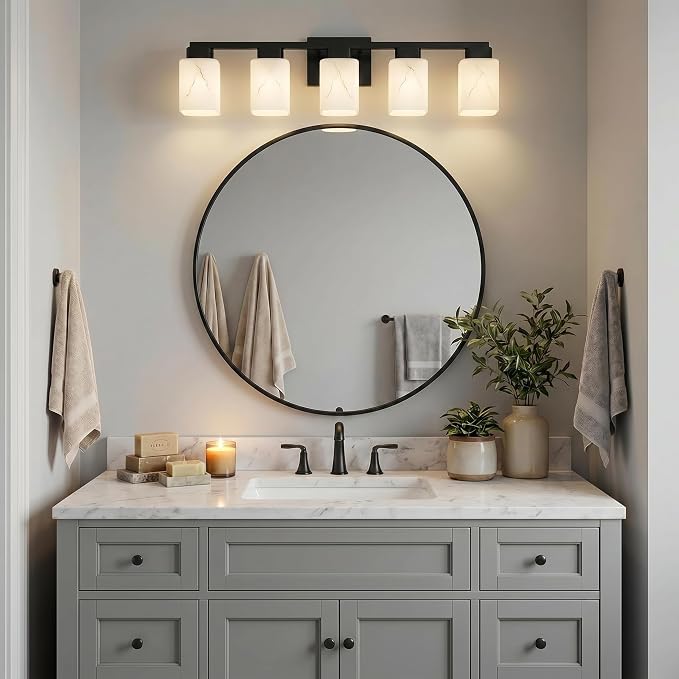 5-Light Square Bathroom Light Fixture, Black Modern Vanity Light with White Marble Glass Shade, for Bathroom Mirror, Living Room, Bedroom, Hallway, E26 Base