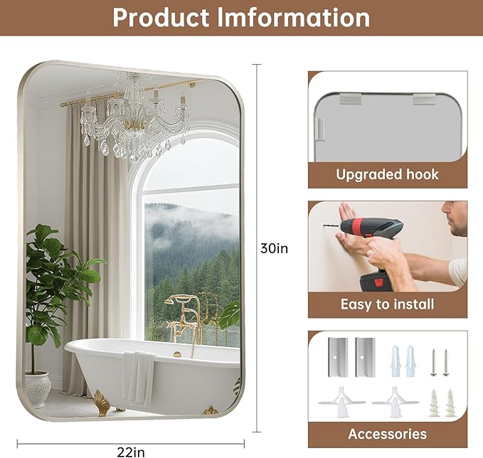 Brushed Nickel Mirror, 22"x30" Rectangle Bathroom Mirror, Metal Frame Rectangle Corner Vanity Mirror, Wall Mounted Mirror for Modern, Living Room, Bedroom, Horizontal Or Vertical