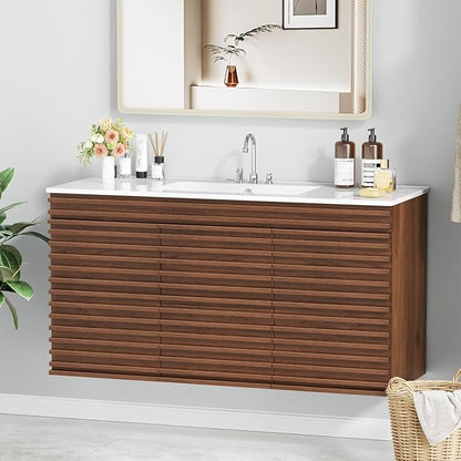 ROOMTEC 48" Bathroom Vanity with Ceramic Sink Combo, Mid-Century Wall Mounted Floating Vanity Cabinet with 2 Closing Doors, Wood Grain Texture, Walnut
