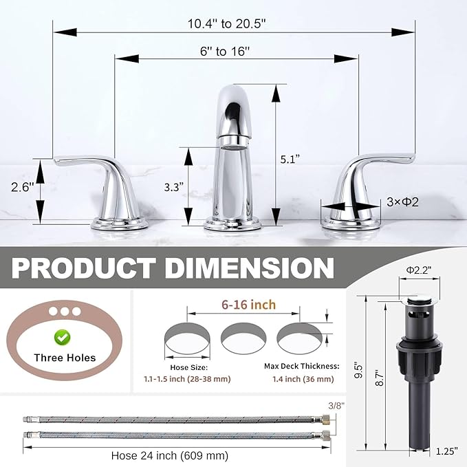 Bathroom Sink Faucet 3 Holes Chrome, ALEASHA Widespread Bathroom Faucet, Bathroom Faucets with Pop Up Drain with Overflow, Washroom Faucets with 304 Stainless Steel Lead-Free Hose