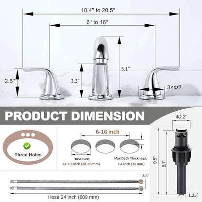 Bathroom Sink Faucet 3 Holes Chrome, ALEASHA Widespread Bathroom Faucet, Bathroom Faucets with Pop Up Drain with Overflow, Washroom Faucets with 304 Stainless Steel Lead-Free Hose