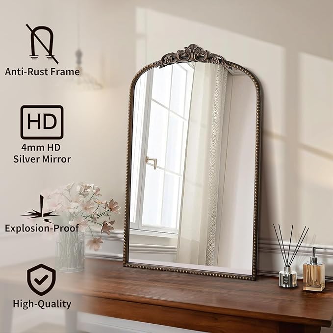 Micasso Bathroom Mirror for Over Sink: 19"x31" Bronze Vintage Arched Mirror | Traditional Ornate Baroque Decorative Antique Wall Mirror for Bedroom/Entryway/Hallway/Dresser/Vanity/Mantel/Nightstand