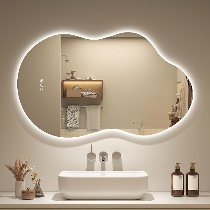 OKPAL Irregular Backlit Bathroom Mirror with Lights 40 x 24, Asymmetrical Cloud Led Lighted Vanity Mirror for Wall, Anit-Fog, Dimmable, Memory Function (Horizontal/Vertical)