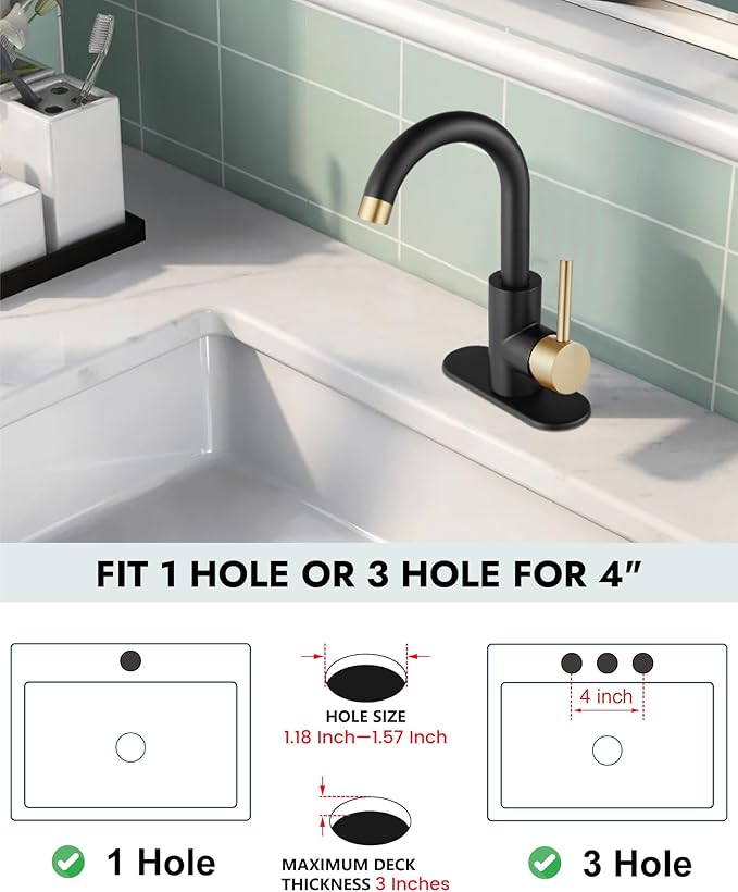 Midanya Single Hole Bathroom Faucet 1 Hole Bar Sink Faucet Suitable for Kitchen RV Vanity,304 Stainless Steel 360° Swivel Spout with Deck Plate and Pop-up Drain,Brushed Gold and Matte Black