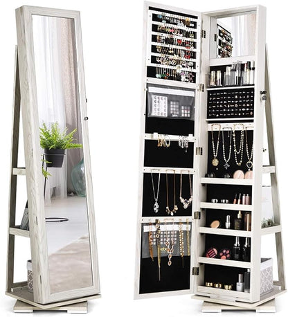 CHARMAID 360° Swivel Jewelry Armoire with Higher Full Length Mirror & Inside Makeup Mirror, Standing Lockable Jewelry Cabinet Organizer, Large Capacity, Back Storage Shelves (Grayish White)