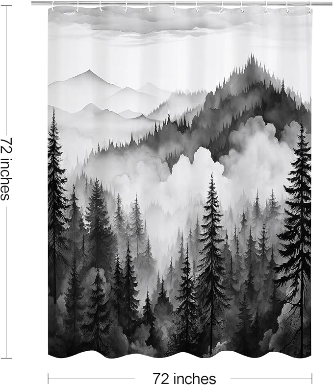 Litabel Black and Grey Misty Pine Forest Shower Curtain, Mountain Foggy Woodland Scenery Tree Shower Curtains for Chic Rustic Bathroom, Abstract Modern Waterproof Nature-Themed Decor, 72x72 Inches