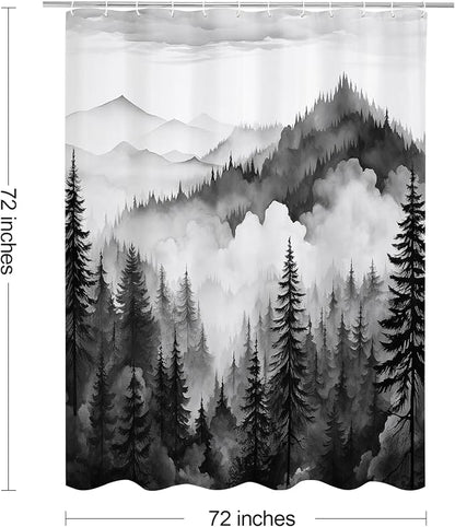 Litabel Black and Grey Misty Pine Forest Shower Curtain, Mountain Foggy Woodland Scenery Tree Shower Curtains for Chic Rustic Bathroom, Abstract Modern Waterproof Nature-Themed Decor, 72x72 Inches