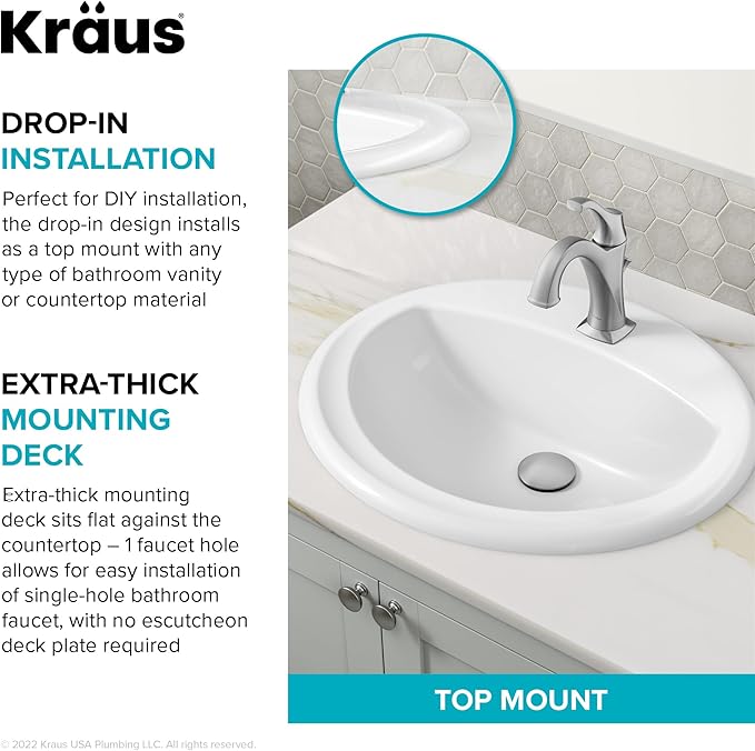 KRAUS Elavo 20.5 in. Oval Porcelain Ceramic Self-Rimming Drop In Bathroom Sink in White with Overflow Drain, KCT-100