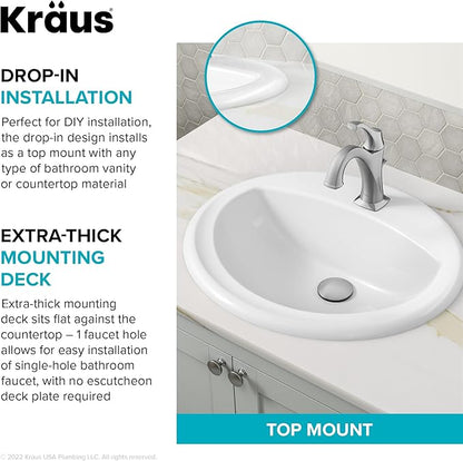 KRAUS Elavo 20.5 in. Oval Porcelain Ceramic Self-Rimming Drop In Bathroom Sink in White with Overflow Drain, KCT-100