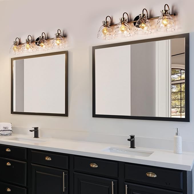 KSANA Bathroom Light Fixtures, 31" Large Vanity Lights Over Mirror 4 Light Bathroom Lighting with Textured Glass Mid-Century Modern Vanity Light for Dressing Room, Powder Room
