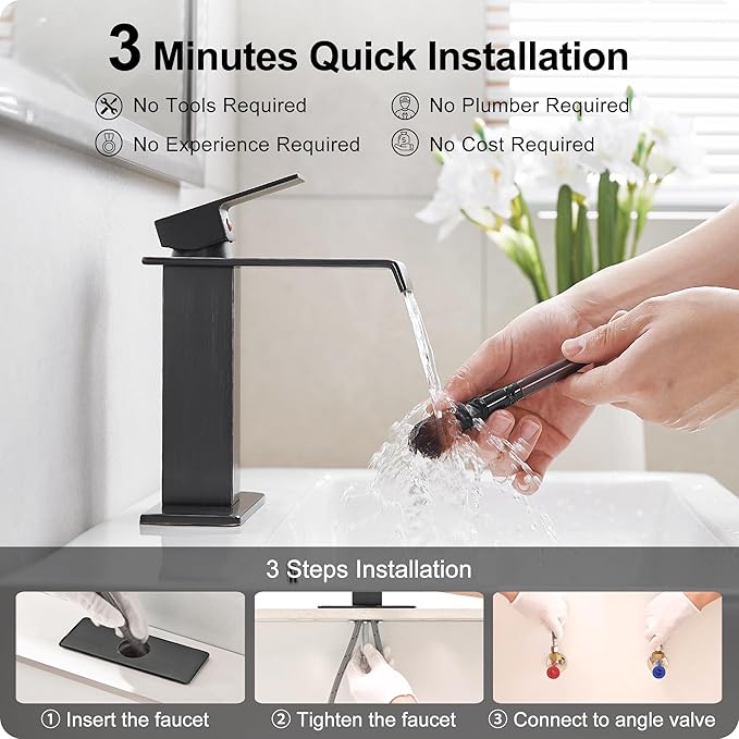 Oil Rubbed Bronze Bathroom Faucet Waterfall Faucet, Brass Single Handle Bathroom Sink Faucet 1 Hole or 3 Holes, 4 Inch Bathroom Faucets with Deck Plate & Pop-Up Drain for Farmhouse Quick Install