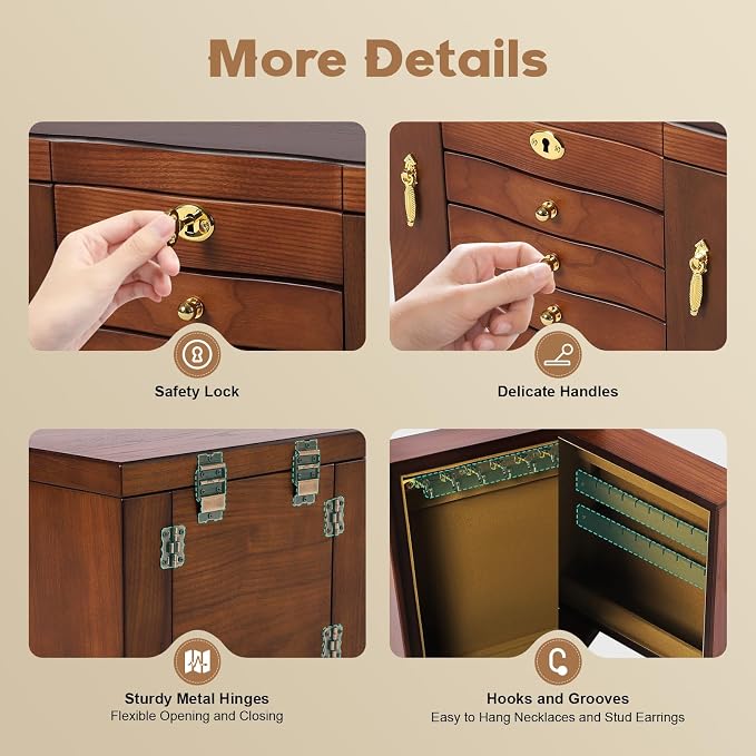 Wood Jewelry Box with 4 Drawers, Desktop Jewelry Organizer with Built-in Mirror & Combo Lock, Large Jewelry Storage Display Case for Necklace Ring Bracelet Watch, Brown