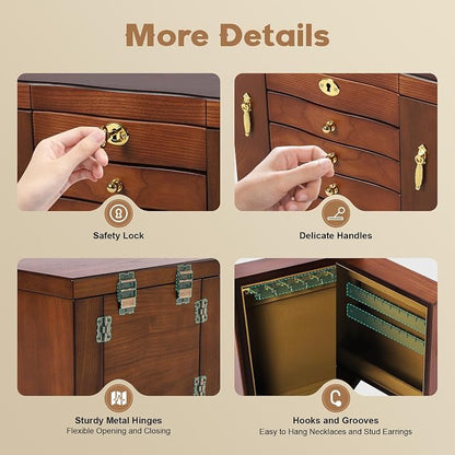 Wood Jewelry Box with 4 Drawers, Desktop Jewelry Organizer with Built-in Mirror & Combo Lock, Large Jewelry Storage Display Case for Necklace Ring Bracelet Watch, Brown