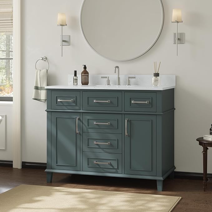 42 Inch Bathroom Vanity with Sink, Fully Assembled, Green | Solid Wood Single Sink Bathroom Vanity, Modern Bathroom Sink Cabinet, Soft Close Doors & Dovetail Drawers, 0.78" Stone Top