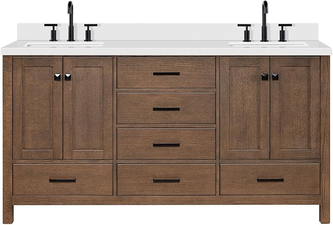 Beckford 66-Inch Brown Oak Double Bathroom Vanity with Sink, 1.5-Inch Edge Pure White Quartz Countertop & 4" Backsplash, Soft-Closing Doors & Drawers, Solid Oak Wood Construction