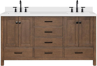 Beckford 66-Inch Brown Oak Double Bathroom Vanity with Sink, 1.5-Inch Edge Pure White Quartz Countertop & 4" Backsplash, Soft-Closing Doors & Drawers, Solid Oak Wood Construction