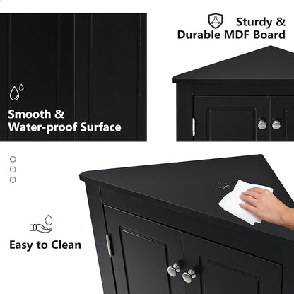 Corner Storage Cabinet with Two Doors for Bathroom, Living Room or Kitchen, Adjustable Shelf, Freestanding Floor Space Saver, Black