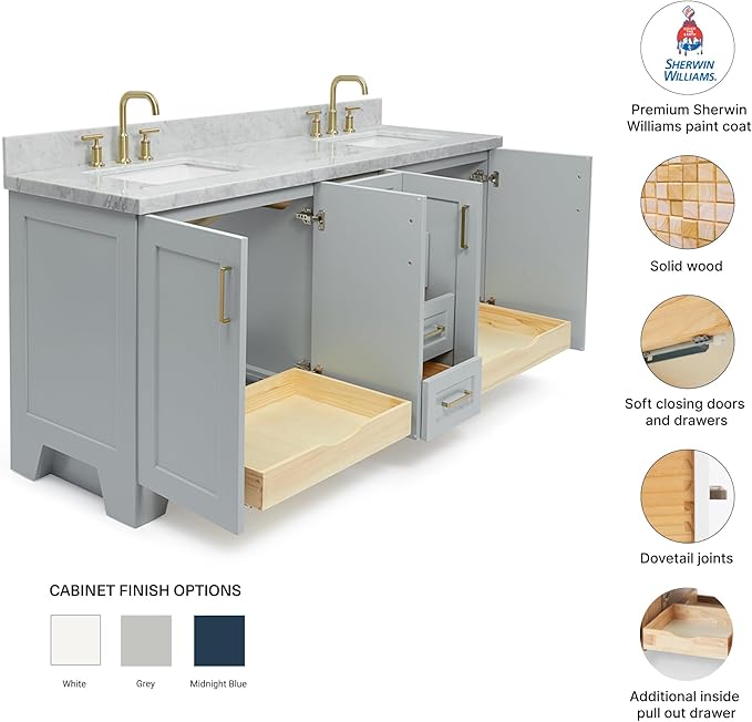 DKB Emilia 72 Inch Bathroom Vanity Double Sink — Grey Bathroom Vanity with Sink, 1.5" Edge Italian Carrara Marble Countertop & Backsplash, 4 Soft-Close Doors, and 6 Dovetail Drawers