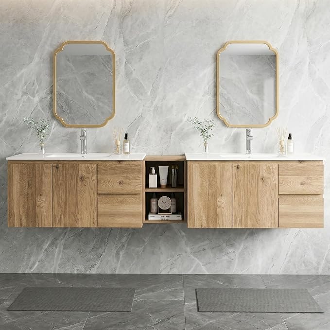 84"Modern Floating Double Sink Bathroom Vanity, Wall Mounted Bathroom Cabinet with U-Shaped Drawers, Beveled Invisible Handles Open Side Shelf, FSC Certified Wood Veneer (Wood color, 84 lnch)