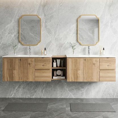 84"Modern Floating Double Sink Bathroom Vanity, Wall Mounted Bathroom Cabinet with U-Shaped Drawers, Beveled Invisible Handles Open Side Shelf, FSC Certified Wood Veneer (Wood color, 84 lnch)
