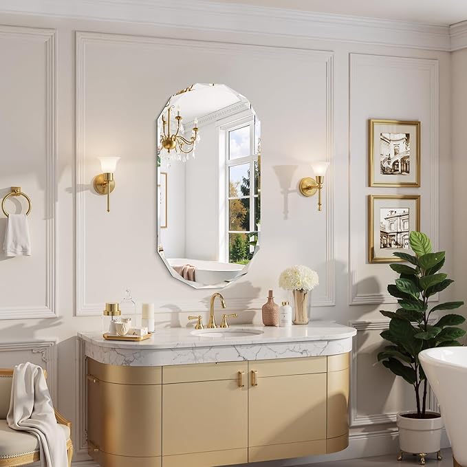 GLASHOM Frameless Bathroom Mirror, 20" x 40" Beveled Oval Wall Mirror for Over Sink, 16 Inch Modern Decorative Vanity Mirror for Bedroom, Living Room, Entryway, Hanging Mirror Horizontal or Vertical