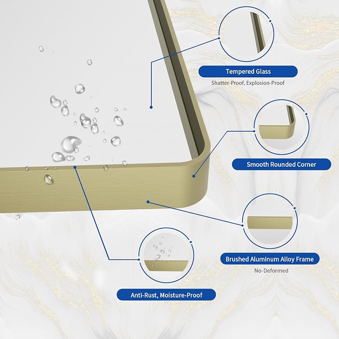 WEER 40X32 Inch Gold Bathroom Vanity Mirror | Rounded Rectangle Gold Mirror, Brushed Gold Metal Frame, Tempered Glass, Anti-Rust, Hangs Horizontally or Vertically
