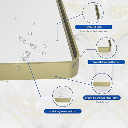 WEER 40X32 Inch Gold Bathroom Vanity Mirror | Rounded Rectangle Gold Mirror, Brushed Gold Metal Frame, Tempered Glass, Anti-Rust, Hangs Horizontally or Vertically