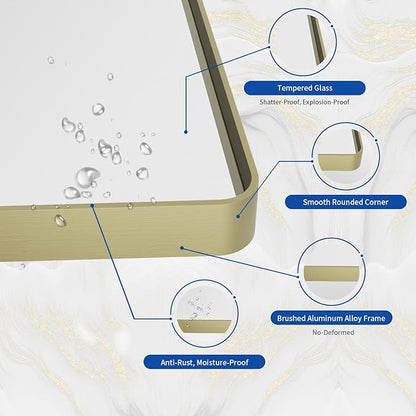 WEER Gold Bathroom Mirror, 48X30 Inch Brushed Gold Metal Frame Mirror, Rounded Rectangle Gold Bathroom Vanity Mirror for Wall, Tempered Glass, Anti-Rust, Hangs Horizontally or Vertically