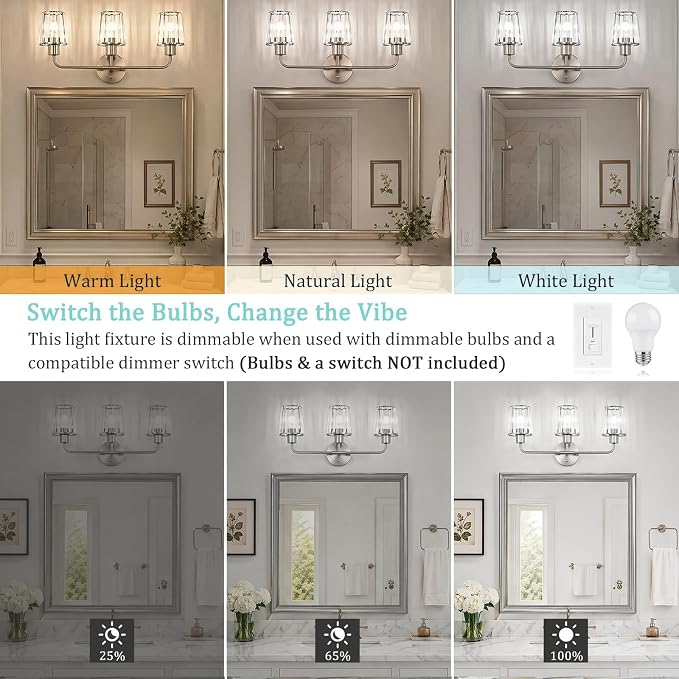 Brushed Nickel Vanity Lights 3-Light Crystal Bathroom Light Fixtures | Modern Bathroom Vanity Light E26 Wall Light over Mirror (Exclude Bulb)