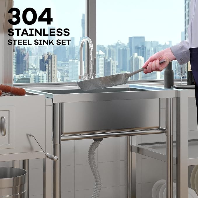 Free Standing Utility Sink, 24" Single Bowl Stainless Steel Commercial Kitchen Sink with Cold and Hot Water Pipe, for Indoor & Outdoor | Free Standing Utility Sink with Cold and Hot Water Pipe, for Kitchen, Laundry