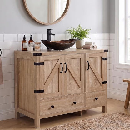 36" Natural Color Bathroom Vanity, Rustic Fixture Standing Pedestal Cabinet with Brown Leaf Sink