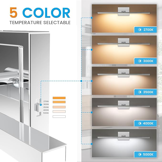 VOLISUN Modern Bathroom Vanity Light 31.5 inch, Rotatable, 18W Dimmable 5CCT Led Bathroom Light Fixture Over Mirror, Chrome Vanity Light for Bathroom Mirror Cabinets-ETL Certificated