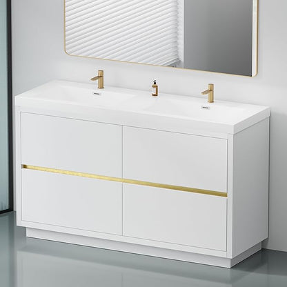 60 Inch Bathroom Vanity with Sink, Double Sink Bathroom Vanity, Freestanding Vanity Bathroom Soft Closed 4 Drawers, Integrated Sink (Glossy White)