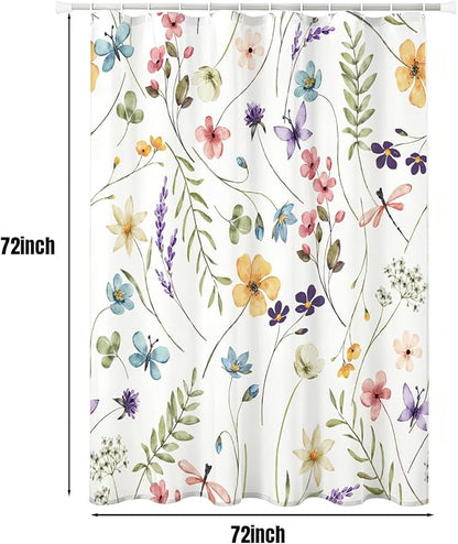 Wildflowers Shower Curtain, Watercolor Bright Floral and Plant Leaf Pattern, Waterproof Polyester Fabric Shower Curtains Sets with Hooks for Bathroom 72x72 Inches