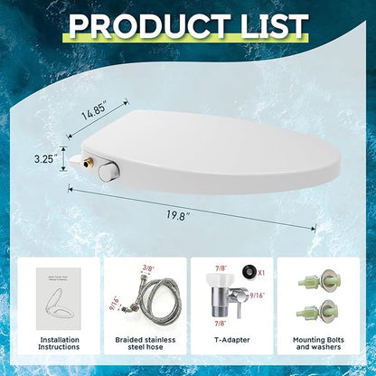 Elongated Bidet Toilet Seat with Soft-Close Lid, Self-Cleaning Dual Nozzles, Non-Electric Bidet Seat with Adjustable Water Pressure, White Toilet Seat for Elongated Toilets with Brass Inlet