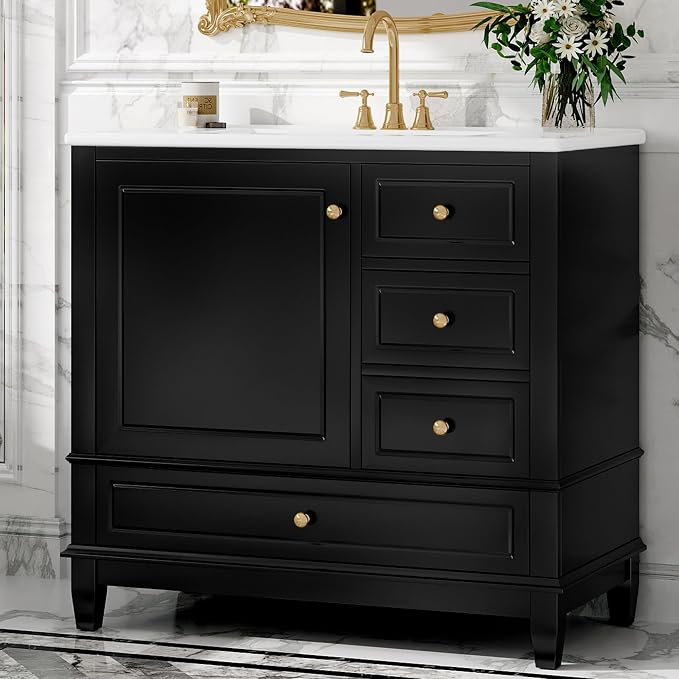 36" Vanity with Sink, Bathroom Vanities 36 Inch with Sink, Single Sink Bathroom Vanity with Door Shelf and Three Drawers, Restroom Vanity with Sink Top (Black)