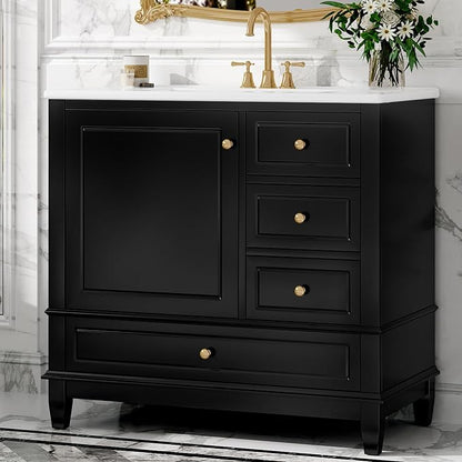 36" Vanity with Sink, Bathroom Vanities 36 Inch with Sink, Single Sink Bathroom Vanity with Door Shelf and Three Drawers, Restroom Vanity with Sink Top (Black)