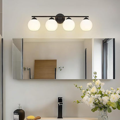 Emak 29 Inch Black Vanity Light with Milk Glass Shade, Farmhouse Globe Bathroom Light Fixtures Over Mirror, Modern 4-Light Bathroom Vanity Light, VL114-BK-ML-4