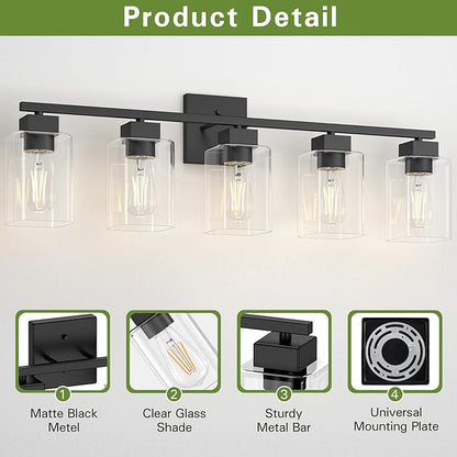 Espird 5 Light Bathroom Vanity Light - Matte Black Bathroom Light Fixtures Square Design & UL Certification, 31 Inch Black Bath Room Lighting Fixtures Over Mirror for Living Room & Bedroom & Restroom