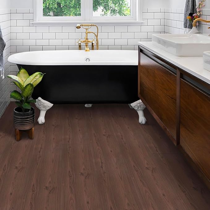 Peel and Stick Floor Roll:12 * 413in Vinyl Flooring Roll | Waterproof,Self-adhesive Floor Tile Sticker for Bathroom/Kitchen/Bedroom/Livingroom/Hallway(Walnut Brown)