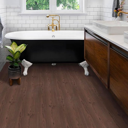 Peel and Stick Floor Roll:12 * 413in Vinyl Flooring Roll | Waterproof,Self-adhesive Floor Tile Sticker for Bathroom/Kitchen/Bedroom/Livingroom/Hallway(Walnut Brown)