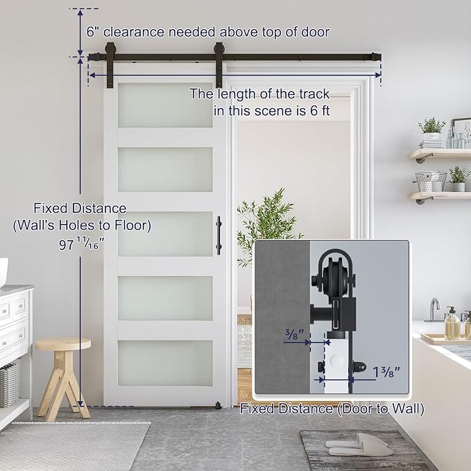SmartStandard 32 x 96 in Glass Barn Door with 6FT Sliding Hardware Kit & Handle, Pre-Drilled Ready to Assemble, Waterproof PVC Coating, White, 5-Panel Glass