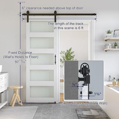 SmartStandard 32 x 96 in Glass Barn Door with 6FT Sliding Hardware Kit & Handle, Pre-Drilled Ready to Assemble, Waterproof PVC Coating, White, 5-Panel Glass