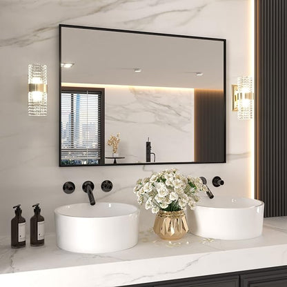 LOAAO 48"X36" Black Rectangle Bathroom Mirror Wall, Matte Black Aluminum Alloy Frame, Tempered Glass, Hangs Vertically or Horizontally, Easy to Install