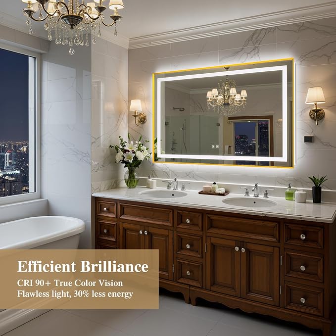 55X36 Inch LED Bathroom Mirror with Lights, Gold Frame Frontlit+ Backlit Bathroom Vanity Mirror for Wall, Ultra-Clear Tempered Glass, Shatter-Proof, Anti-Fog and Memory Function, ETL Listed | Bathroom Vanity Mirror for Wall, Ultra-Clear Tempered Glass,...