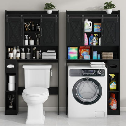 Vabches Over The Toilet Storage Cabinet with Sliding Doors, Black | Farmhouse Storage Cabinet Over Toilet, Home Space-Saving Toilet Rack, Toilet Paper Holder Stand,for Restroom,Bathroom,Laundry