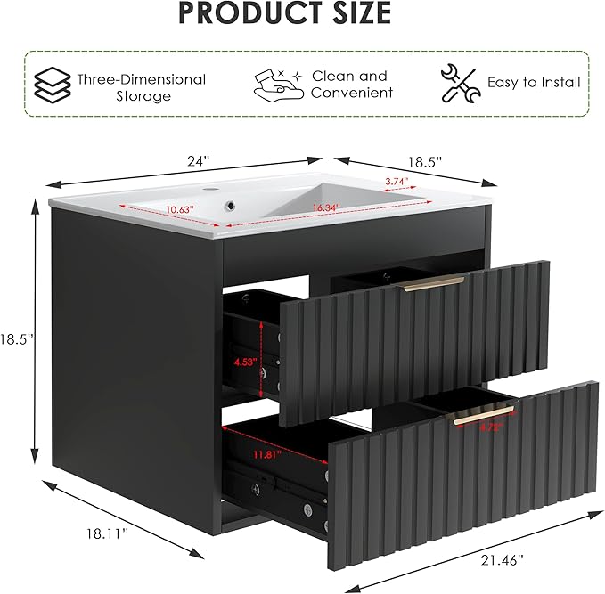24" Bathroom Vanity with Sink, Floating Bathroom Vanity with 2 Fluted Drawers & Metal Handle, Wall Mounted Cabinets with Integrated Ceramic Sink for Apartment, Home, Black
