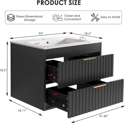 24" Bathroom Vanity with Sink, Floating Bathroom Vanity with 2 Fluted Drawers & Metal Handle, Wall Mounted Cabinets with Integrated Ceramic Sink for Apartment, Home, Black
