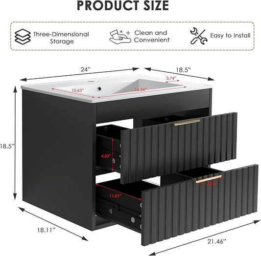 24" Bathroom Vanity with Sink, Floating Bathroom Vanity with 2 Fluted Drawers & Metal Handle, Wall Mounted Cabinets with Integrated Ceramic Sink for Apartment, Home, Black