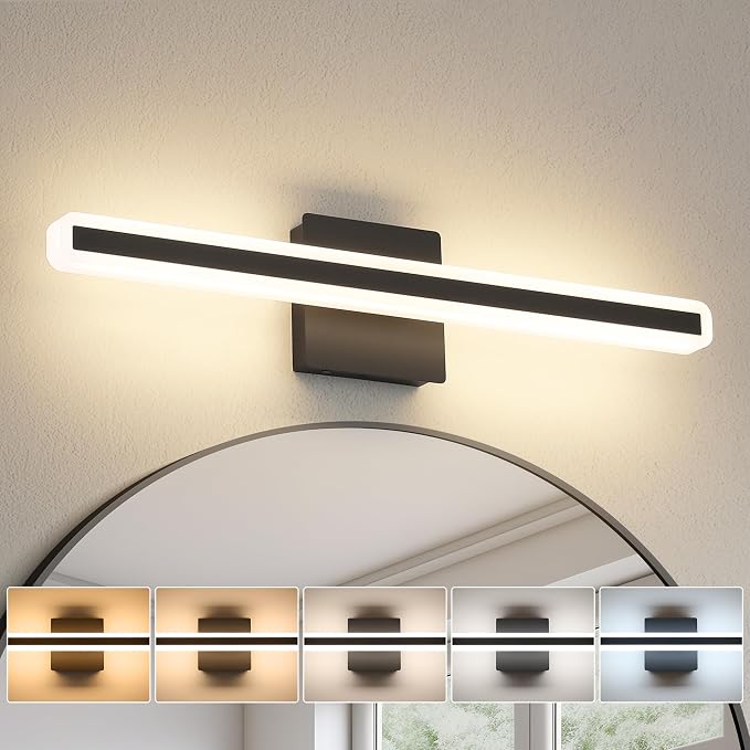 JUSHENG Black Vanity Lights for Bathroom, 24 Inch 20W 5CCT Dimmable Bathroom Light Fixtures Over Mirror, Modern LED Vanity Light Bar Above Mirror